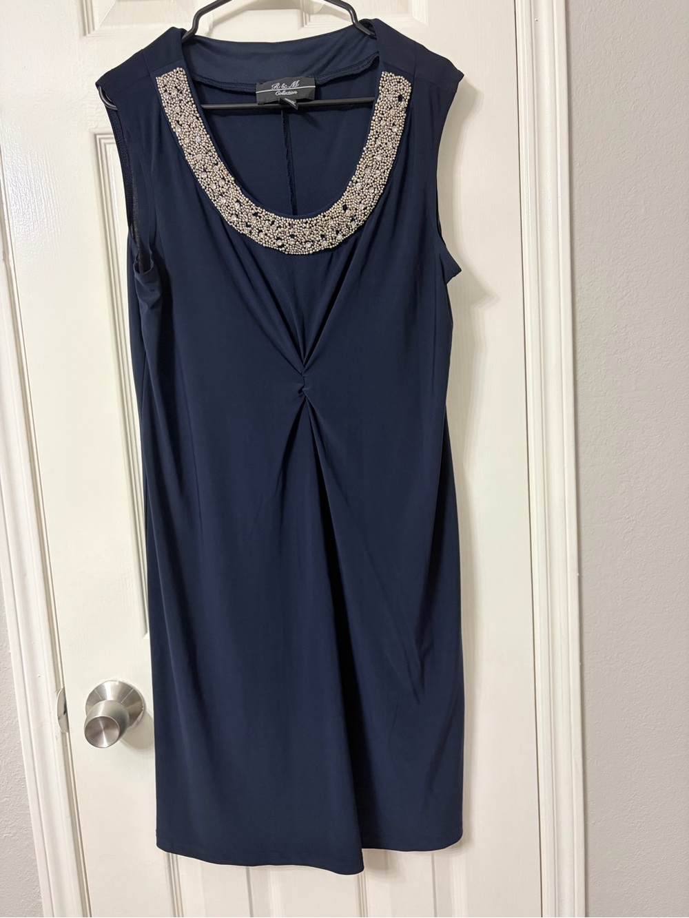 Navy Sleeveless Midi Dress with Beaded Scoop Neck
